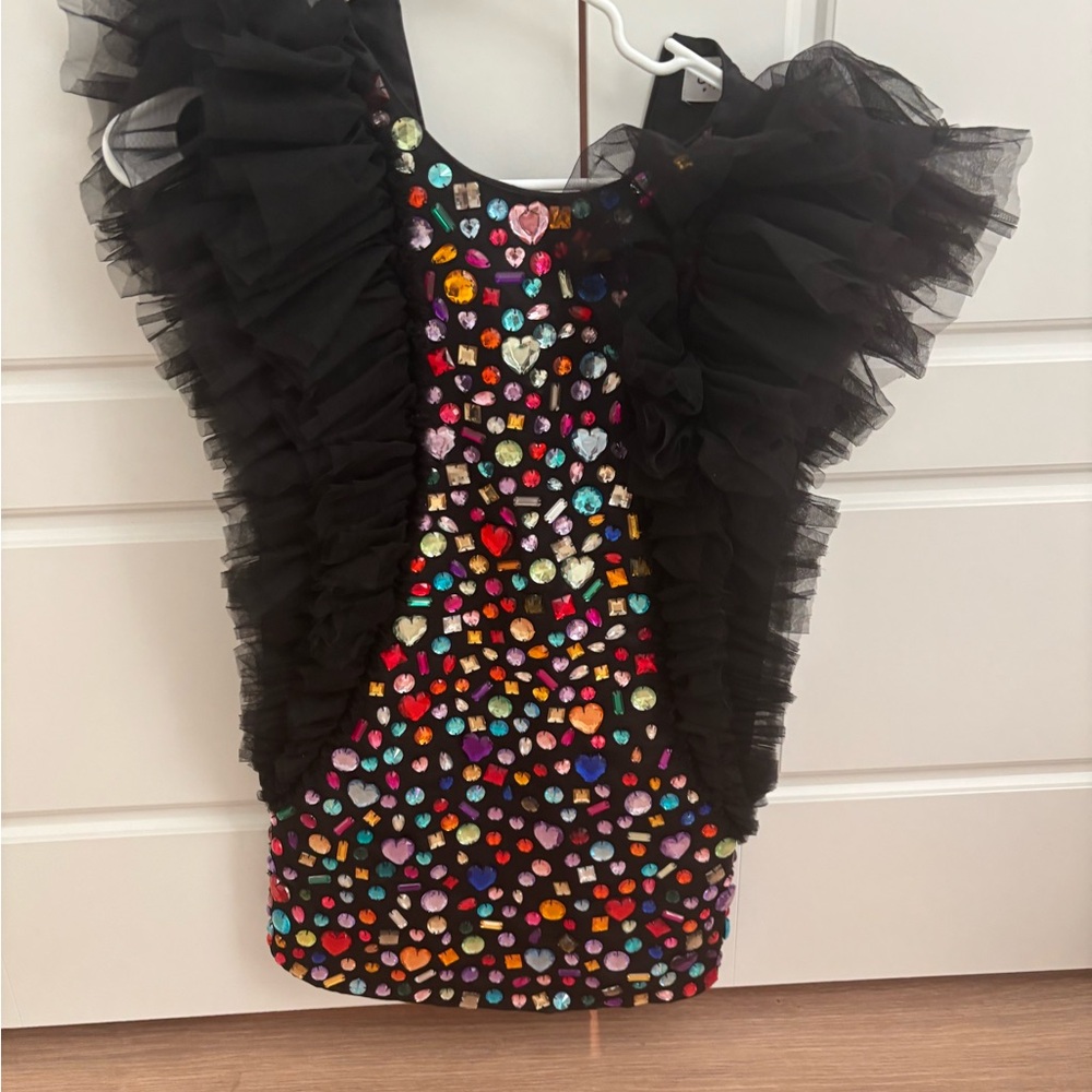 Lola & The Boys Colorful Gem-Embellished Black Kids Formal Dress